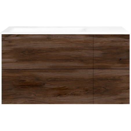 Sous meuble Coffee 4 tiroirs 110 noyer décor velours+lavabo gauche porcelaine sans trou robinet blanc