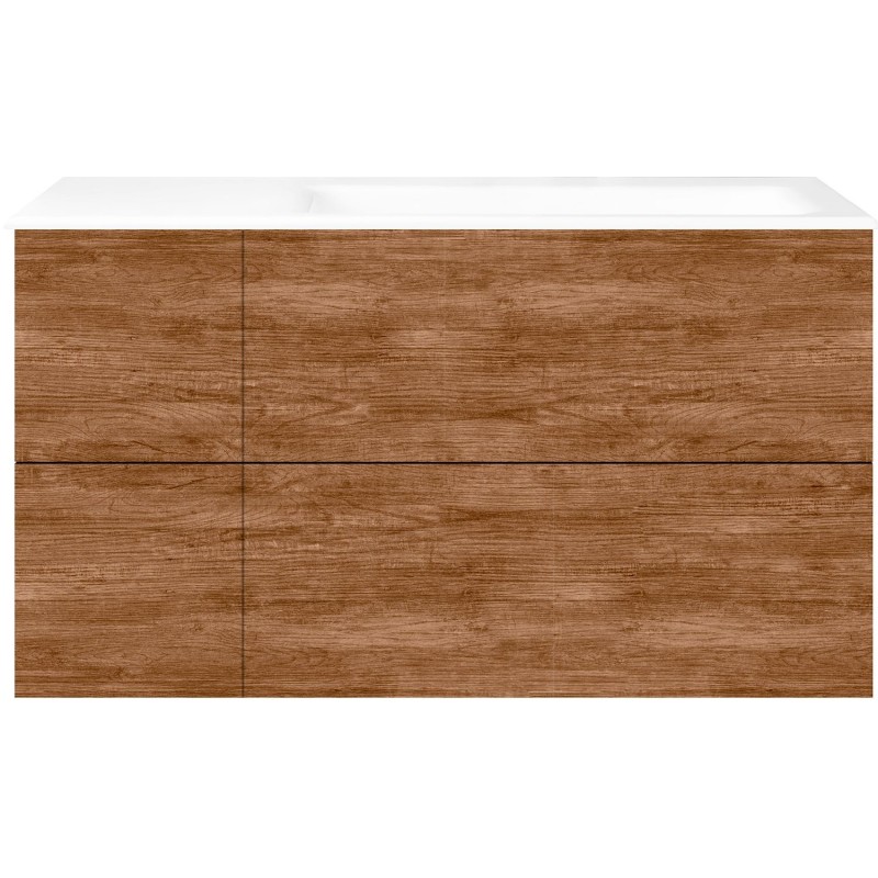 Sous meuble Coffee 4 tiroirs 110 tectona décor cannelle +lavabo droite porcelaine sans trou robinet blanc