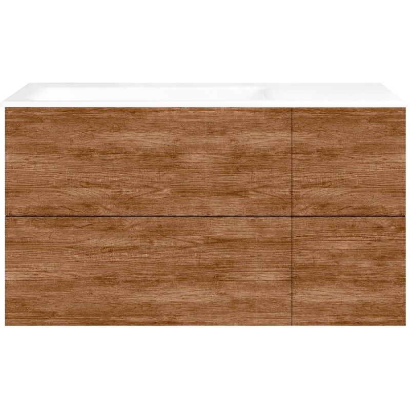 Sous meuble Coffee 4 tiroirs 110 tectona décor cannelle+lavabo gauche porcelaine sans trou robinet blanc